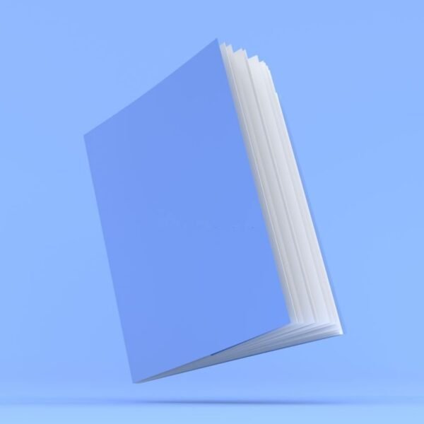 Notebook mockup blank cover. Book 3d render illustration. Blue notepad with realistic ajar pages. Diary face side view. Sketchpad empty template. Clear paper note. Magazine model perspective view.